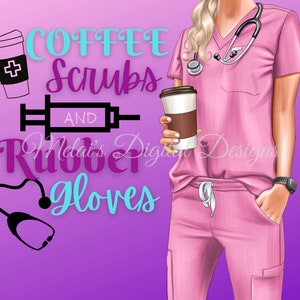 Rosa Peeling Krankenschwester, Kaffee Scrubs und Gummi Handschuhe, 20oz Skinny Tumbler Wrap, Sofort Download, Digitale Datei, PNG