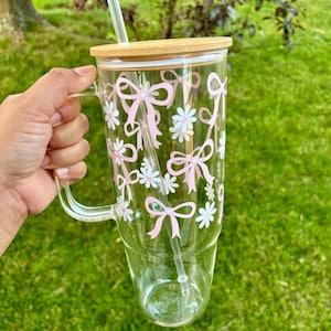 Pink Coquette Bow, 40 Oz Glass tumbler, with lid and straw, Iced coffee glass, Personalized gifts for her, Bridesmaid Gifts, Pink Coquette