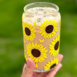 Sunflower Iced Coffee Glass Cup: Personalized Floral Tumbler with Lid & Straw