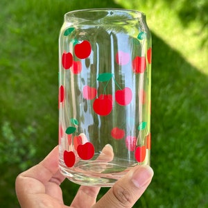 Cherry Iced Coffee Glass Tumbler, With Lid and Straw, 16/20 oz glass Cup, Iced coffee glass, Personalized Gifts for her, Fruit Lover Gifts