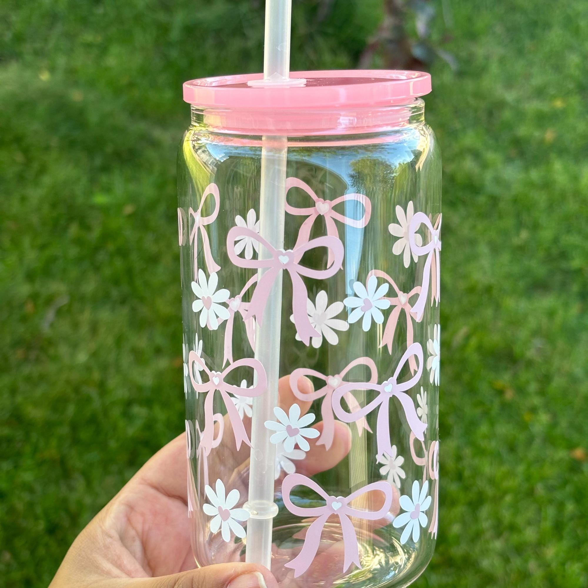 Lot De 4 Tasses En Verre Borosilicate 355 Ml Avec Pailles – Design Nœud Rose – Pour Café Glacé, Thé, Jus – Cadeau Esthétique