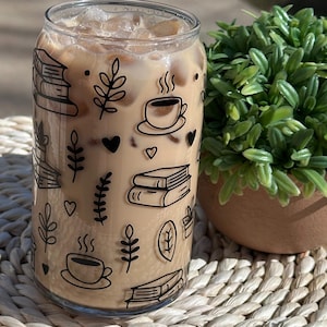 Bookish Iced Coffee Glass Tumbler: 16/20oz Cup with Lid & Straw