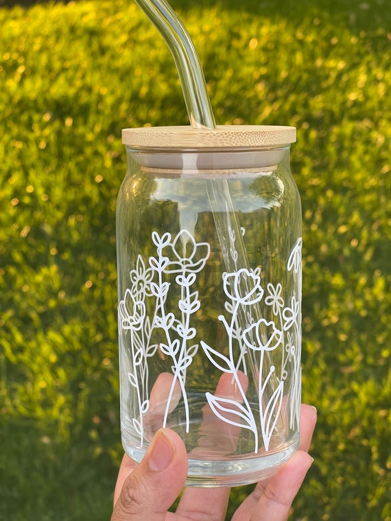 Glass Cups With Lid and Straw, Flower Glass Cups, Floral Glass