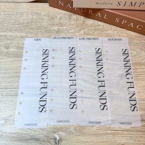 May include: Four translucent, rectangular plastic planner dividers with six punched holes along the left side. Each divider features the black text SINKING FUNDS, the brand name SIMPLYJESS, and labels reading KIDS, HIGH PRIORITY, LOW PRIORITY, and HOLIDAYS.
