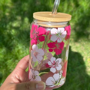 Hibiscus Iced Coffee Glass Tumbler, With Lid and Straw, 16 oz glass Cup, Iced coffee glass, Personalized Gifts for her, Plant lover Gifts
