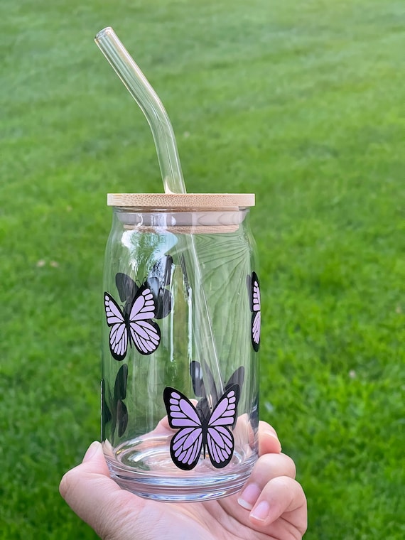 Butterfly Iced Coffee Cup With Lid & Straw Aesthetic Glass Beer Can Glass  Coffee Glass Cup With Bamboo Lid and Straw 