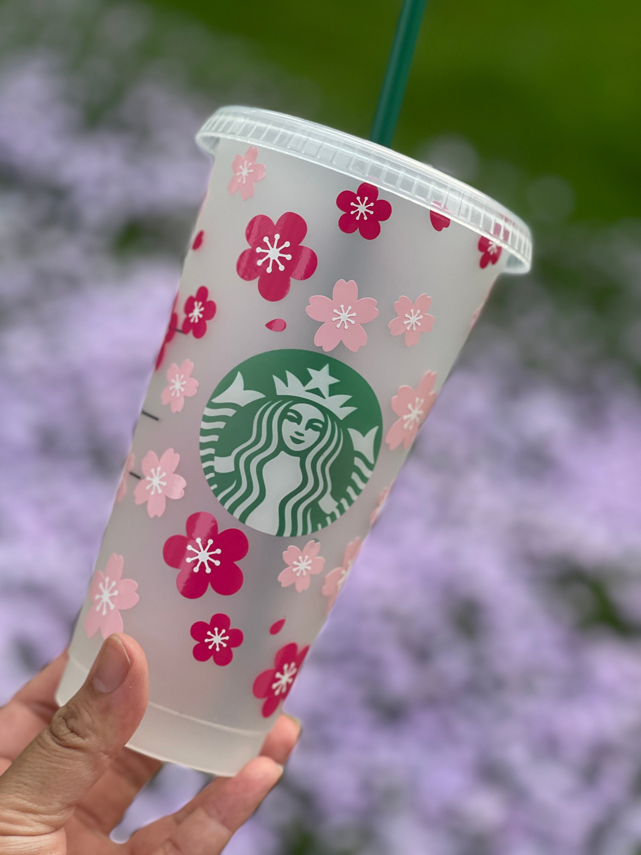 New Starbucks Glass Cup Color-Changing Pink Sakura Coffee Cup with + Rod
