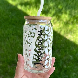 Personalized iced coffee glass tumbler, With lid and straw, Personalized gifts for her, Coquette Iced coffee glass cup, Custom name Glass