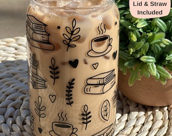 Iskaffe i glas med lock och sugrör | Kaffekopp för bokälskare | Ölburk i glas på 47 cl | Böcker och kaffe i present