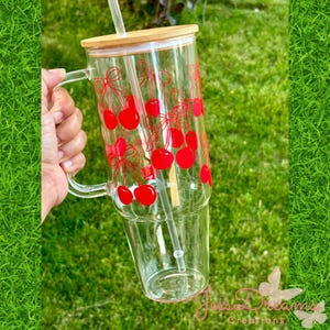 Cherry Coquette Bow Glass Tumbler | 40 oz glass with handle and lid and straw | Perfect gift for her | iced coffee glass tumbler | Coquette