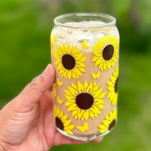 Sunflower Glass Cup – 16/20oz Iced Coffee Tumbler with Lid & Straw | Personalized Summer Gift for Her