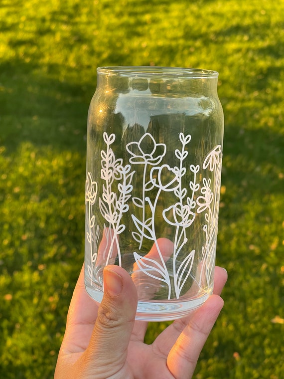 BLOOM Glass Can Flower Glass Cup, Minimalist, Glass Beer Can, Clear Cup  With Flowers, Glass Coffee Cup, Boho Coffee Cup, Gift Idea 