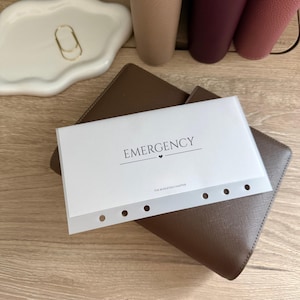 Puede incluir: Un sobre de plástico transparente blanco con la palabra "EMERGENCY" impresa en negro, con un pequeño símbolo de corazón debajo. El sobre está encima de una cartera de cuero marrón. El texto "THE BUDGETED CHAPTER" está impreso en la parte inferior.