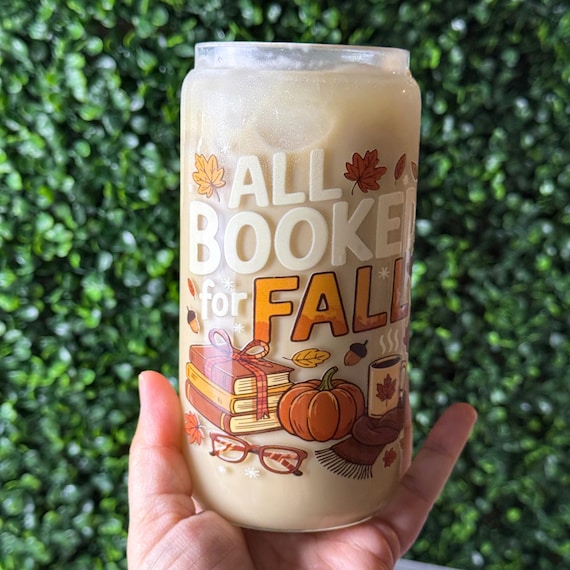 All Booked for Fall Glass Cup – 16oz Iced Coffee Tumbler with Lid & Straw, Book Lover Gift, Cozy Autumn Aesthetic