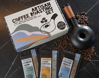 Artisan Coffee Roasting Gift Set for Him Her Men Coffee Lovers - Inc Roasting pan, Green Coffee Beans and Guide - Food Gift Idea Christmas