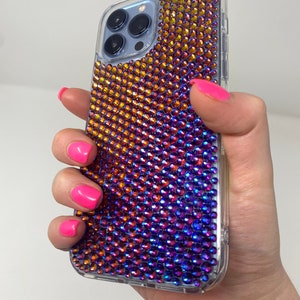 Handmade Blue Volcano Crystal Rhinestone Case SS20. (Samsung Galaxy; iPhone 16, 15, 14, 13, 12 Pro Max; 12 Mini, X, XR and SE).