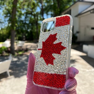 Handmade Canadian Flag Rhinestone Case SS16. (Samsung Galaxy; iPhone 16, 15, 14, 13, 12 Pro Max; 12 Mini, X, XR and SE).