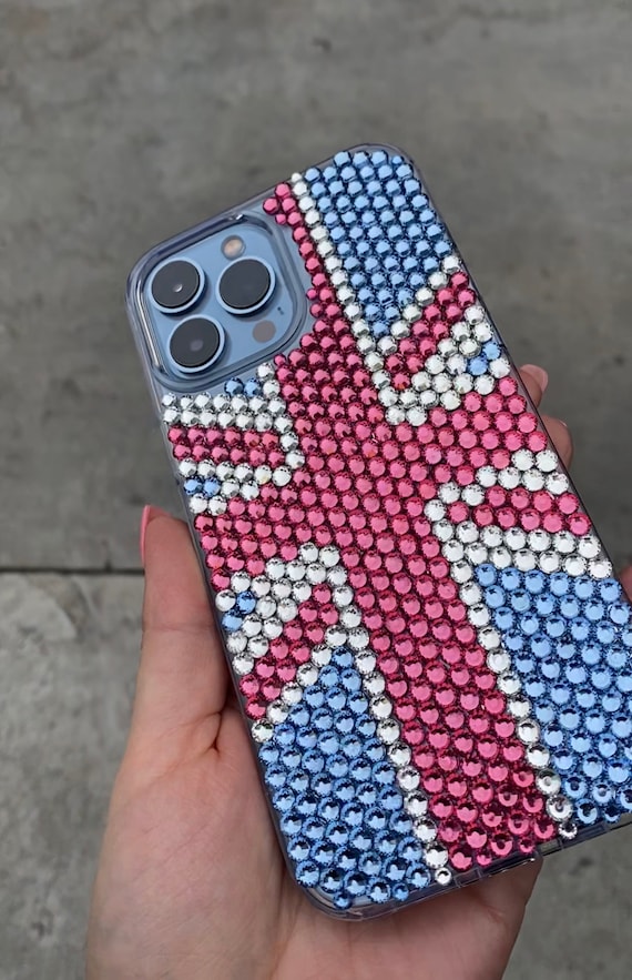 Handmade Pink Blue Union Jack Crystal Rhinestone iPhone Case - Main Image