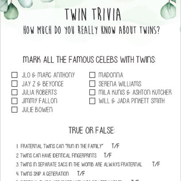 Twin Trivia - Baby Shower Fun