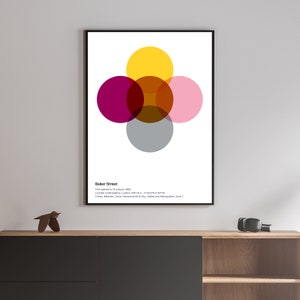 Puede incluir: Un póster minimalista con fondo blanco y marco negro. El póster presenta un diseño gráfico de cinco círculos superpuestos en diferentes colores: amarillo, rojo, marrón, rosa y gris. El texto "Baker Street" está en la parte inferior del póster, junto con información sobre la fecha de apertura de la calle, su ubicación y las líneas de transporte.