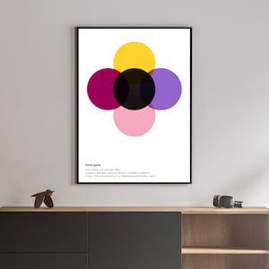 Puede incluir: Un póster en blanco y negro con un diseño gráfico de cuatro círculos superpuestos en amarillo, rosa, morado y rojo. El texto "Moorgate" está en la parte inferior del póster con información sobre la ubicación y la fecha de apertura.