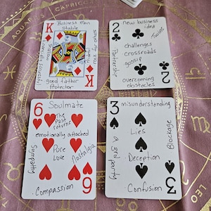 Baraja de significados de la cartomancia: herramienta de adivinación sencilla con naipes para principiantes espirituales. Escrita a mano, con guías y libro adicional.