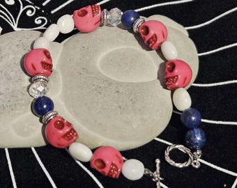 Skull Bracelet for Spirit Communication with Pink Skulls, Lapis, and White Jade