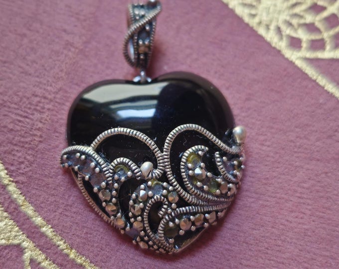 Vintage Sterling Black Onyx and Marcasite Talisman for Protection & Karmic Reflection.