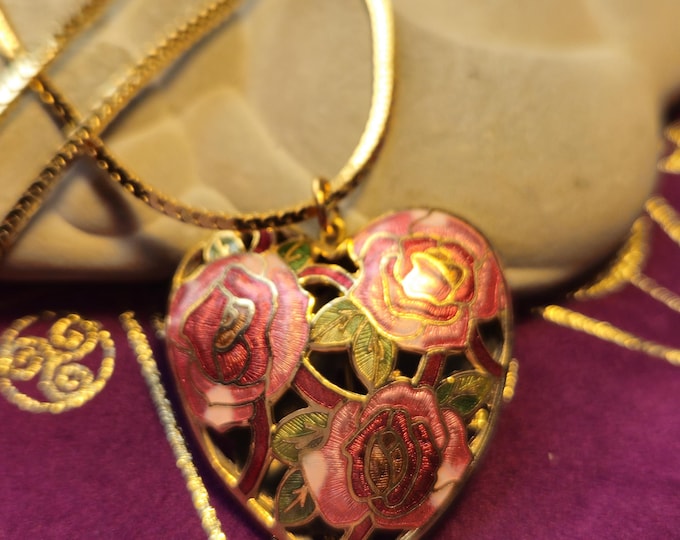 Vintage cloisonne heart with roses necklace Witchcraft Talisman for Love and Respect