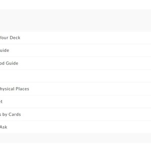 May include: A white webpage displays a list of resources for learning about cartomancy. The list includes topics like "Important Info About Your Deck" and "Intro to Cartomancy Guide", each with a "START" button.