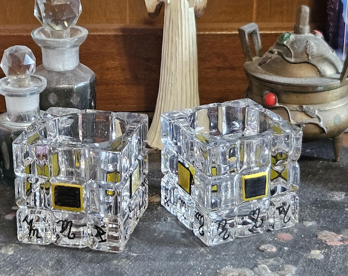 Vintage Glass Candleholders crafted with witches Theban alphabet for protection spells and work