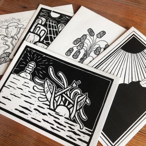 Set di cartoline A6, cartolina, cartolina linocut, stampa digitale, cartolina autostampata, cartolina mistica, cartolina estetica stampata a mano