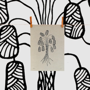 WOOL TREE ART Print, Self Print Tree Art, Art élégant de linogravure, Art de l&#39;arbre de linogravure, Arbre de laine biologique mince Auto imprimé Art de linogravure à la main