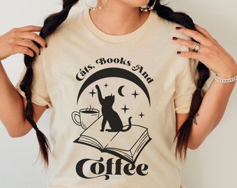 Cats Books And Coffee Shirt, Cat Lover T-shirt, Book Lover T-shirt, Coffee And Cats Shirt, Cats And Books Shirt, Goth Cats T-shirt For Women