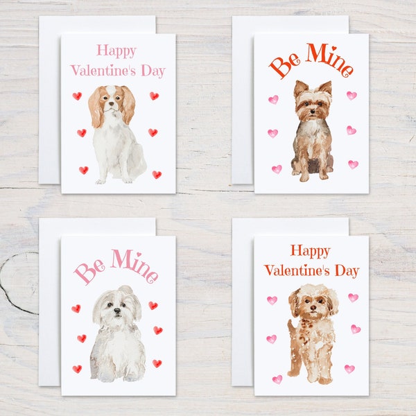 Valentine's Day Cards, Dog Cards, Set of 4 Card Pack, Happy Valentine's Day Card, Be Mine, Card Bundle, Maltese Yorkie King Charles Cavalier