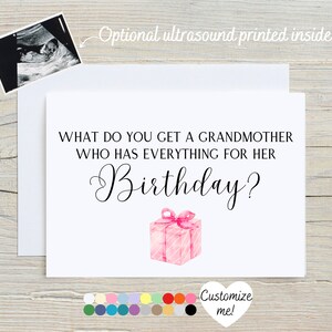 May include: A white card with the text "WHAT DO YOU GET A GRANDMOTHER WHO HAS EVERYTHING FOR HER Birthday?" in black. A pink gift box with a pink bow is below the text. The card has a white border and is on a wood background.