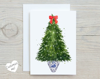 Christmas Card | Chinoiserie Holiday Card | Grand Millennial | Blue And White Card | Set Of Cards | Christmas Tree