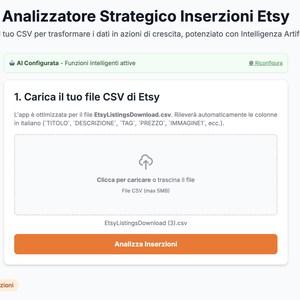 May include: A webpage interface in Italian for Etsy listing analysis. The page features a section to upload a CSV file, with a button to analyze listings. The text includes "Analizzatore Strategico Inserzioni Etsy" and "Carica il tuo CSV".