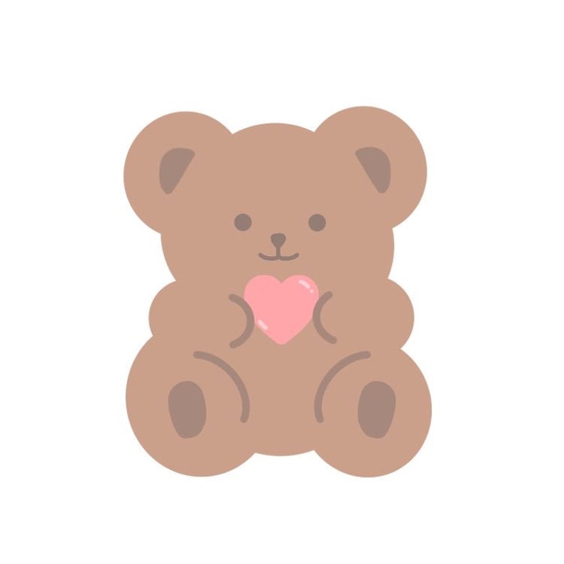 May include: A light brown teddy bear cartoon illustration with darker brown details. The bear is holding a pink heart. The image has a simple, clean design with a white background.