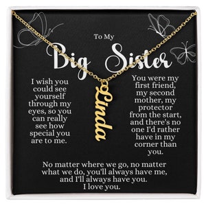 Benutzerdefinierte große Schwester Halskette Geschenk, Bedeutungsvolle Nachricht Karte, Silber / Gold Vertikale personalisierte Namenskette