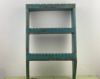 Indian Vintage Hand Painted Heavy Teak Double Shelf - Blue Patina