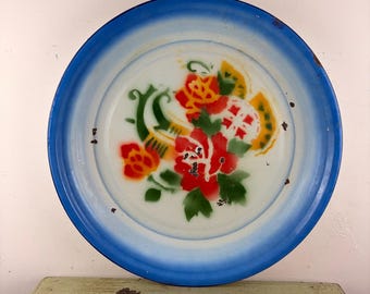 Painted Enamel Metal Trays with Floral Design - Large Blue