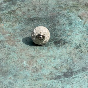 May include: White ceramic knob with a floral design and a silver centre. The knob is sitting on a green surface.