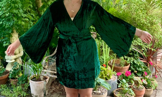 Indian Green Crushed Velvet Mini Wrap Dress  Kimono Blouse, One Size - Etsy