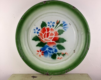 Painted Enamel Metal Trays with Floral Design - Large Green