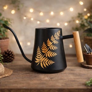 Könnte beinhalten: Schwarze Gießkanne aus Metall mit langem Ausguss und Holzgriff. Die Kanne hat ein goldenes Farnblatt-Design. Die Szene umfasst Topfpflanzen, Gartengeräte und eine Schnurkugel, was auf ein Gartenthema hindeutet.