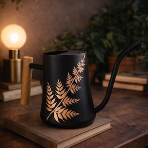 Könnte beinhalten: Schwarzer Schwanenhalskessel mit Holzgriff und langem, gebogenem Ausguss. Ein goldenes Farnmuster verziert die Seite des Kessels. Der Kessel steht auf einem braunen Buch auf einer Holzoberfläche.