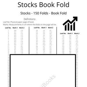 Può includere: Un grafico in bianco e nero con il titolo "Stocks Book Fold" e il testo "Stocks - 150 Folds - Book Fold". Il grafico mostra le misure in centimetri per diverse pieghe su una pagina di un libro. Il grafico è etichettato come "Leaf No.", "Mark 1" e "Mark 2".