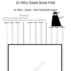 May include: A black and white illustration of a Dalek, a fictional robot from the British science fiction television series Doctor Who. The illustration is accompanied by a table of measurements in centimeters, indicating the size of the folds needed to create a 300-fold book.