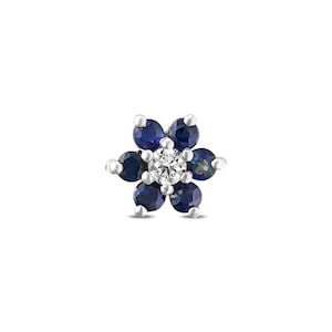 Elegant Flower Design Sapphire and Diamond Piercing, 14K Gold and Blue Sapphire Flower Stud, Blue Sapphire Piercing, Bridal Sapphire Stud